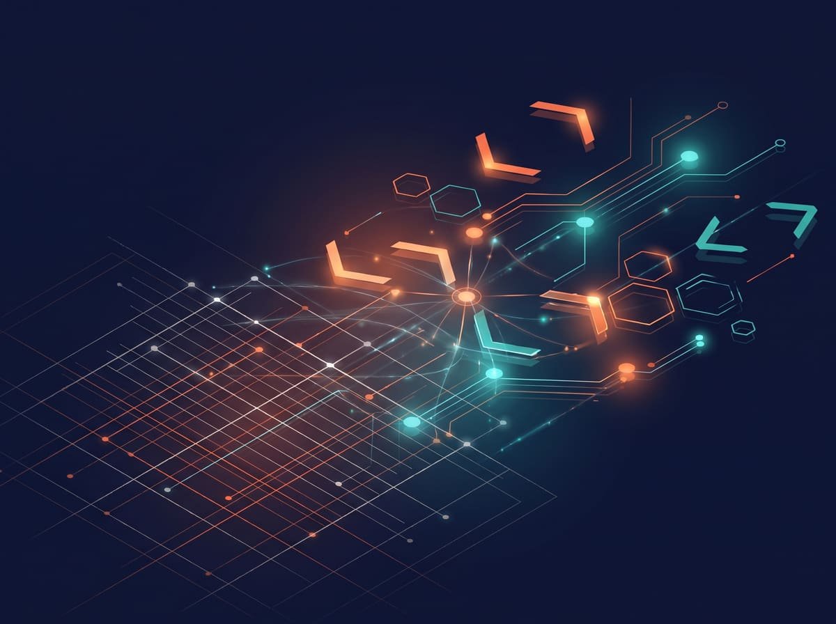 Abstract illustration of a blueprint grid and connected nodes representing careful, precise website craftsmanship
